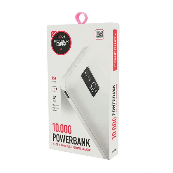 Powerbank TX-108 10000mAh, кабеля USB: Micro, Lighting, White/Black, (270g), Blister TX-108 фото