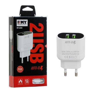 Набор 2 в 1 СЗУ With Iphone Cable 110-240V MY-A202, 2 x USB, 5V/12W, Output: 5V/2.4A, White, Blister- box, Q25 YT-KMY-A202-L фото