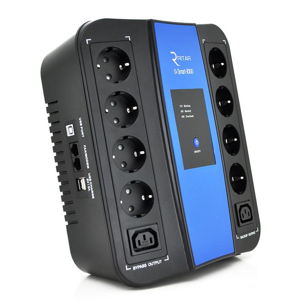 ДБЖ Ritar U-Smart-1000 (600W), LED, AVR, 3st, 8xSCHUKO socket, 1x12V9Ah, USB x2, RJ45, plastik Case RS628U фото