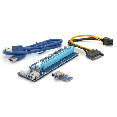 Riser PCI-EX, x1=>x16, 6-pin, SATA=>6Pin, USB 3.0 AM-AM 0,6 м (синий) , конденсаторы CS 220 16V, Пакет PCE164P-N03 VER 006C фото