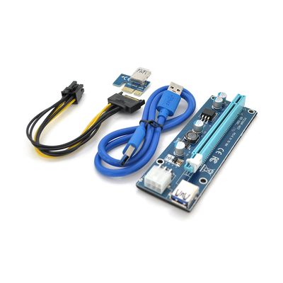 Riser PCI-EX, x1=>x16, 6-pin, SATA=>6Pin, USB 3.0 AM-AM 0,6 м (синій), конденсатори FP5K, Пакет VER 006С-FP5K фото