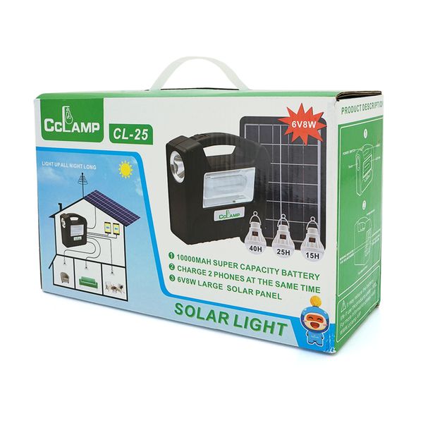 Переносний ліхтар CL25+ Solar, 1+1 режим, 1+15Led, вбудований аккум-Powerbank 10000mAh, 3 лампочки 3W, USB вихід, Black, Box CL25 фото