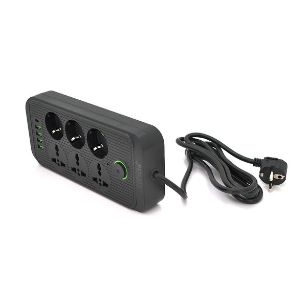 Сетевой фильтр F07U, 6 розеток (3 EU+3 Universal) + 4 USB + 1PD, кнопка включения с индикатором, 2 м, 3х0,75мм, 2500W, Black, Box F07U-Black фото