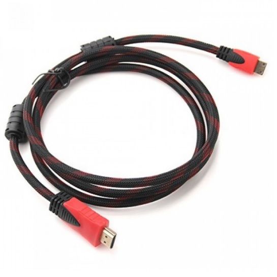 Кабель Merlion HDMI-HDMI 2.0m, v1.4, OD-7.4mm, 2 фильтра, оплетка, круглый Black/RED, коннектор RED/Black, (Пакет), Q200 YT-HDMI(M)/(M)NY/RD-2.0m фото