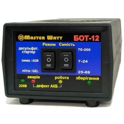 Десульфатирующее ЗУ БОТ-12 автоматическое для аккумулятора 12V (7-200Ah) (MF, WET,AGM,GEL,CA/CA), 160-245V,Ток заряда 12,5А, крокодилы в комплекте MW-BOT-12 фото