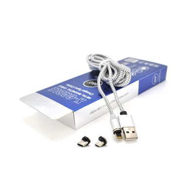 Магнітний кабель PiPo USB 2.0 / Micro / Lighting / Type-C, 2m, 2А, тканинна оплетка, броньований, знімач, Silver, BOX 18177 фото