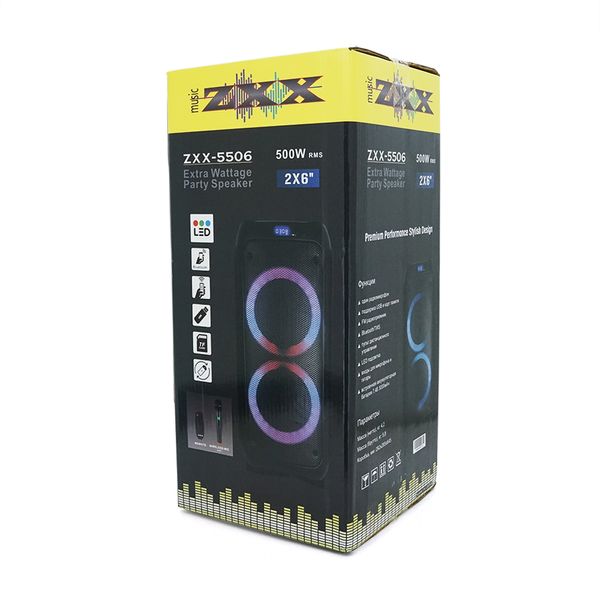 Потужна акустична система з підсвічуванням ZXX-5506, 500W, Bluetooth мікрофон, вбудований акум 3000mAh, живлення 220В, Black, Box ZXX-5506 фото