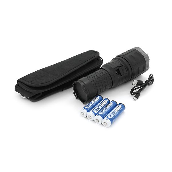 Ліхтар пошуковий PLD-AK138-TG LED PM60, 4 режими, power bank 8000mAh(4*18650), IP65, живлення від USB кабелю, 210х75х100мм, Чохол, Black, BOX PLD-AK138-TG фото