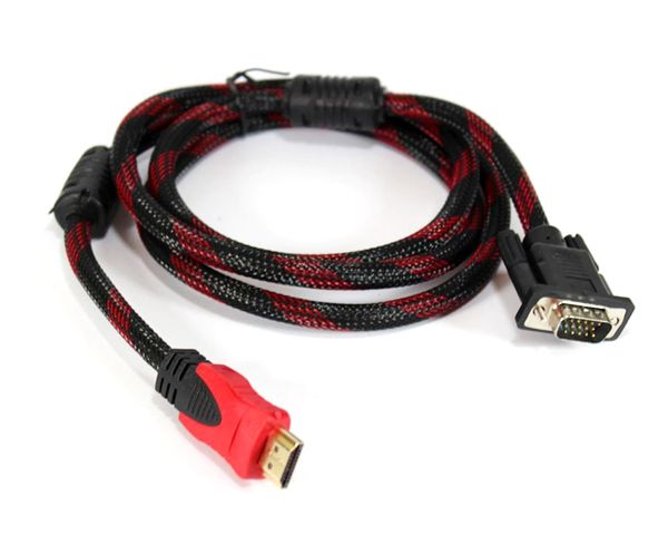 Кабель HDMI (папа)-VGA (папа) 1,5м, 2 феррита, оплетка, круглый Black/RED, Пакет (работае только с конвертором), Q150 YT-HDMI(M)-VGA (M)-1.5 фото