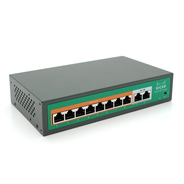Коммутатор POE SICSO 48V с 8 портами POE 100Мбит + 2 порт Ethernet(UP-Link) 100Мбит, c усил. сигн. до 250м, корпус -металл,Silver, БП встроенный, Q30 P4810J-4578 фото
