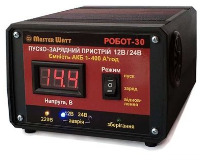 Пуско-зарядное ЗУ РОБОТ-30 для аккумуляторов 12/24V (1-400Ah) (MF, WET,AGM,GEL,CA/CA), 160-245V,Ток заряда 20А, крокодилы в комплекте MW-ROBOT-30(12/24) фото