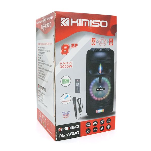 Потужна акустична система з підсвічуванням Kimiso QS-A880, 100W, Bluetooth мікрофон, вбудований акум 3700mAh, живлення 220В, Black, Box QS-A880 фото