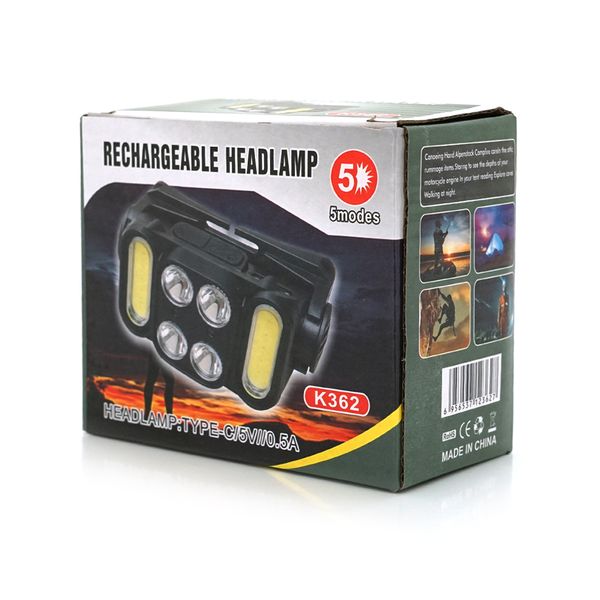 Налобний ліхтарик Voltronic K362, 4 led 5W, 2 Led Cob, red, sensor, 6 режими, корпус-пластик, водостійкий, ip44, живлення АКБ вбудований, USB Type-З кабель, 5000K, BOX K362 фото