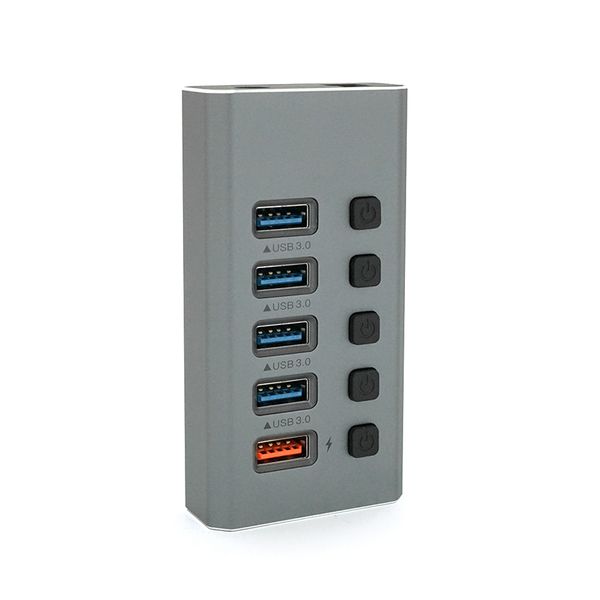Хаб USB 3.0, 4 порти USB 3.0 + 1 порт QC3.0, з перемикачами на кожен порт, DC5V3A, Black, BOX YT-3H4+1 фото