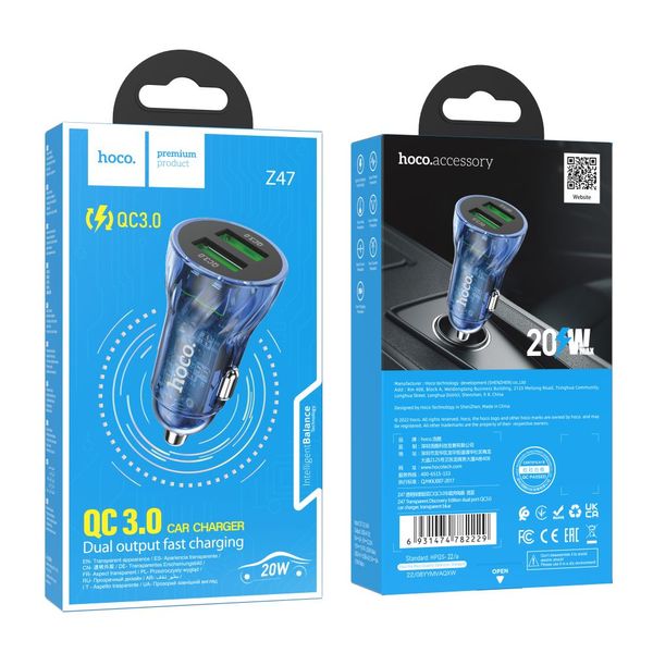 Автомобільний Зарядний Пристрій Hoco Z47 Transparent QC3.0 18W Колір Прозорий синій 29441_2245295 фото