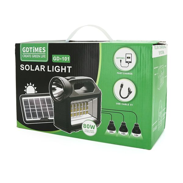 Переносной фонарь GD-101+ Solar, 1+1 режим, встроенный аккум, 3 лампочки 3W, USB выход, Black, Box GD-101 фото