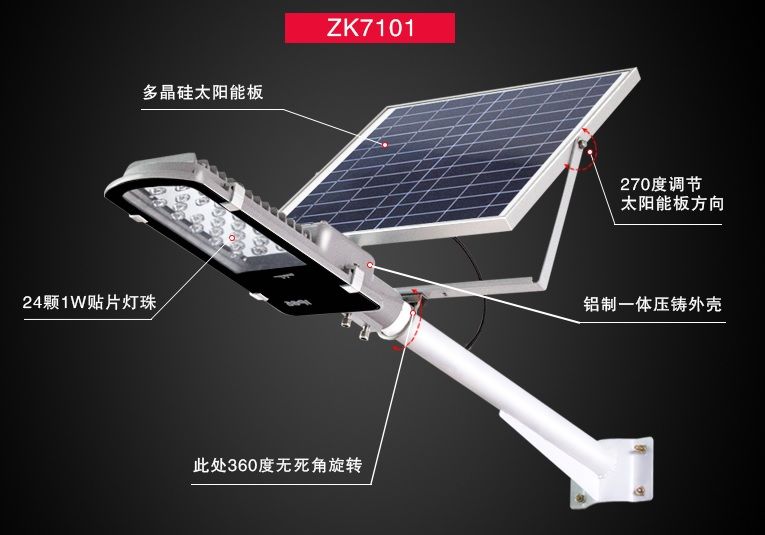 Лампа вулична ZK7101 з сонячною панелю LED 24Вт, СП 16Вт, АКБ 6000 мА (523*160*380) 4 кг, кріплення в комплекті ZK7101 фото