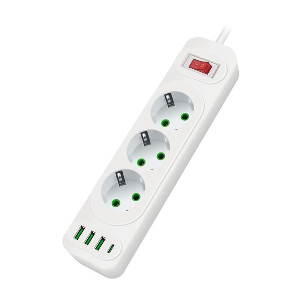 Сетевой фильтр F23U, 3 розетки EU + 3 USB + PD, кнопка включения с индикатором, 2 м, 3х0,75мм, 2500W, White, Box F23U-White фото