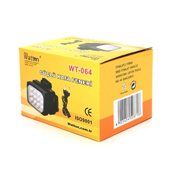 Налобний ліхтарик Watton WT-064,12 SMD, 2 режими, корпус-пластик, водостійкий, ip44, живлення АКБ вбудований 3xAAA/2000, AC220V-кабель, 5000K, BOX WT-064 фото
