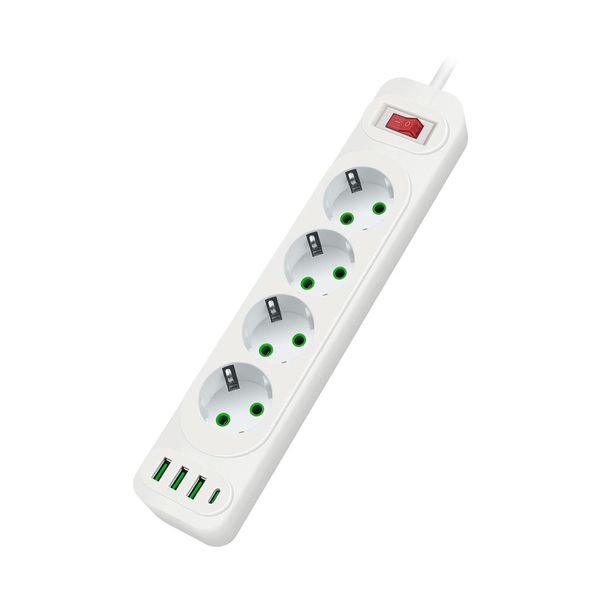 Сетевой фильтр F24U, 4 розетки EU + 3 USB + PD, кнопка включения с индикатором, 2 м, 3х0,75мм, 2500W, White, Box F24U-White фото