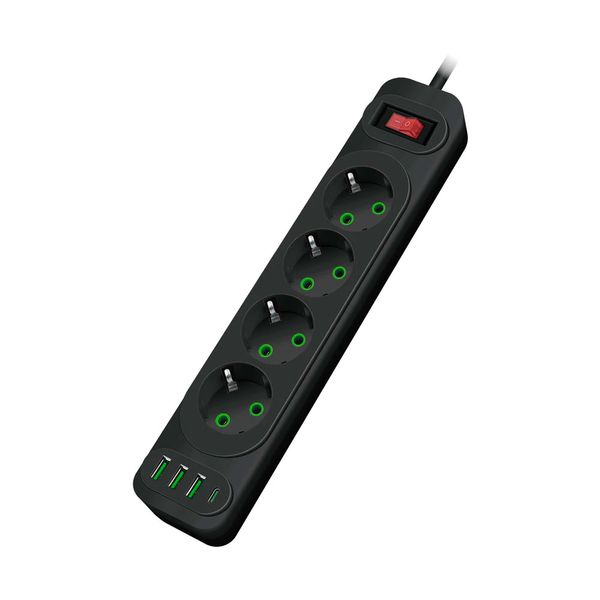 Сетевой фильтр F24U, 4 розетки EU + 3 USB + PD, кнопка включения с индикатором, 2 м, 3х0,75мм, 2500W, Black, Box F24U-Black фото