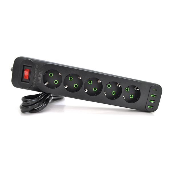 Мережевий фільтр F25U, 5 розеток EU+3 USB+PD, кнопка включення з індикатором, 2 м, 3х0,75мм, 2500W, Black, Box F25U-Black фото