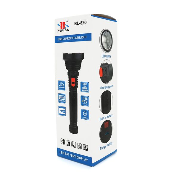 Ліхтар ручний Bailong BL-826, 1LED, OSL LED, 3W, 3 режими, вбудований АКБ/2000mah, Black, IP44, кабель USB-micro, 260х82х36мм, BOX BL-826 фото