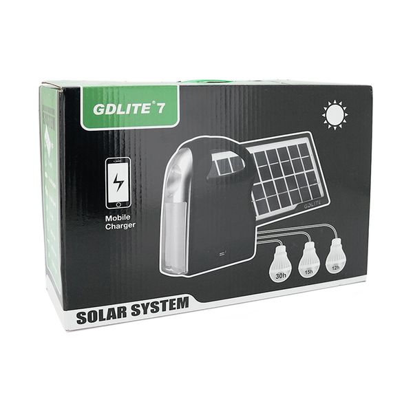 Переносной фонарь GD-7+ Solar, 1+1 режим, встроенный аккум, 3 лампочки 3W, USB выход, Black, Box GD-7+ фото