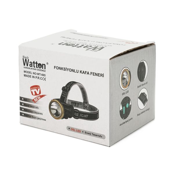 Налобный фонарик Watton WT-065, LED T6, 5W, 3 режима, корпус- пластик, водостойкий, ip44, встроенный аккум 1200mAh, USB кабель, 6400K, BOX WT-065 фото