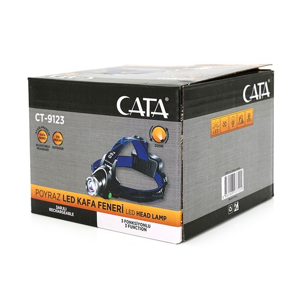 Налобний ліхтарик CATA CT-9123, 5W, Zoom, 3 режими, корпус-пластик, водостійкий, ip44, живлення 2*18650, USB кабель, 6400K, BOX CT-9123 фото