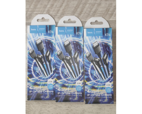 Кабель зарядки Hoco X76 4 in 1 USB to IP*2+ Type C+ Micro 2.0 A 1 м тканевый черный Кабель зарядки Hoco X76 4 in 1 USB to IP*2+ Type C+ Micro 2.0 A 1 м тканевый черный