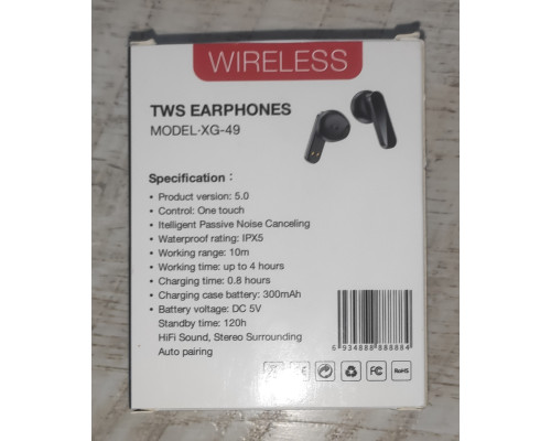 Наушники беспроводные с кейсом зарядки TWS Earphones XG-49 Bluetooth черные