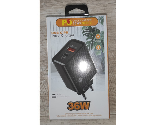 Блок питания быстрая зарядка PD 36W+QS 3.0 USB новый черный Блок питания быстрая зарядка PD 36W+QS 3.0 USB новый черный