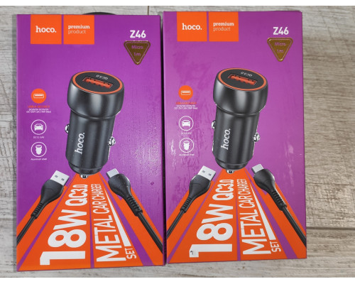 Прикуриватель в авто быстрая зарядка Hoco Z46 18 W + кабель Micro USB 1 м метал черный Прикуриватель в авто быстрая зарядка Hoco Z46 18 W + кабель Micro USB 1 м метал черный