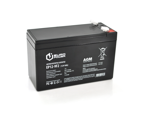 Акумуляторна батарея EUROPOWER AGM EP12-9F2 12 V 9Ah ( 150 x 65 x 95 (100) ) Black Q10