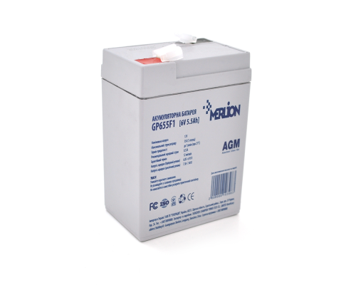 Акумуляторна батарея MERLION AGM GP655F1 6 V 5.5Ah ( 70 x 47 x 100 (105)) White Q20/2400