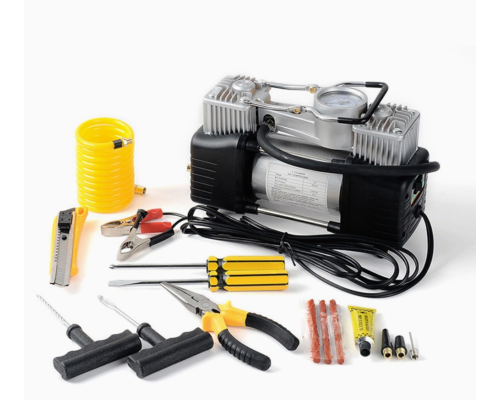 Компресор повітряний 12 V, 90 л/хв портативний із комплектом для ремонту шин та інструментами Компресор повітряний 12 V, 90 л/хв портативний із комплектом для ремонту шин та інструментами