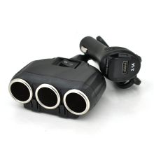 АЗП розгалужувач + вольтметр Olesson 1634, 12V-3 * 12V + USB, Black, Blister