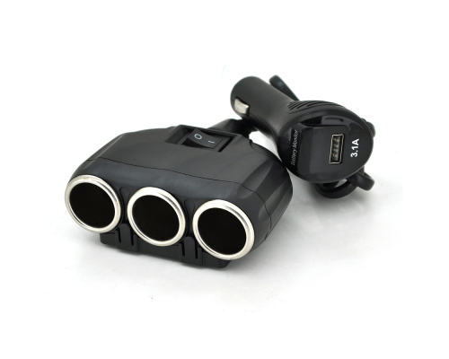 АЗП розгалужувач + вольтметр Olesson 1634, 12V-3 * 12V + USB, Black, Blister