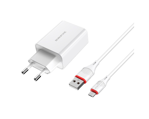 Набір BOROFONE BA21A СЗУ 1xUSB+ кабель Micro, 2.4A, 1м, White, Box