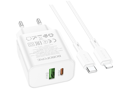 Набір BOROFONE BA88A СЗУ USB+Type-C+ кабель Lightning, PD20W+Q3.0, 1м, White, Blister