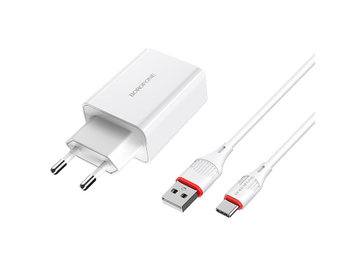 Набір BOROFONE BA21A СЗУ+ кабель Type-C, 1xUSB, 3A, кабель 1м, White, Blister