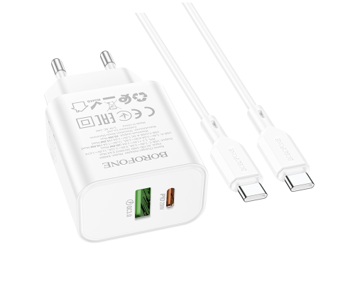 Набір BOROFONE BA88A СЗУ USB+Type-C+ кабель Type-C, PD20W+Q3.0, 1м, White, Blister