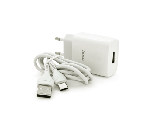 Набір СЗУ 110-240V HOCO C72A+ кабель Type-C, 1xUSB, 2.4A, кабель 1м, White, Blister
