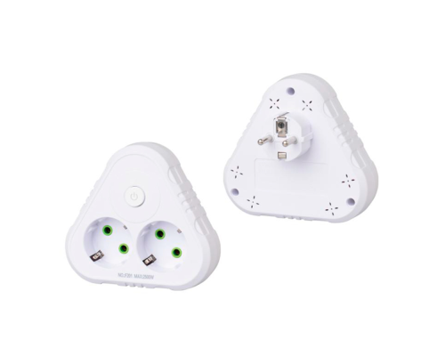 Розетка трійник із заземленням F201-White з вимикачем, 2 розетки, 2500W, 10A, 110-250V~Max, Blister