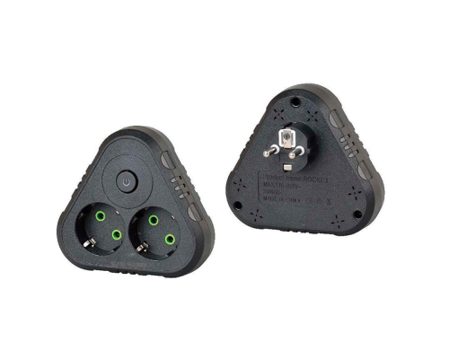 Розетка трійник із заземленням F201-Black з вимикачем, 2 розетки, 2500W, 10A, 110-250V~Max, Blister