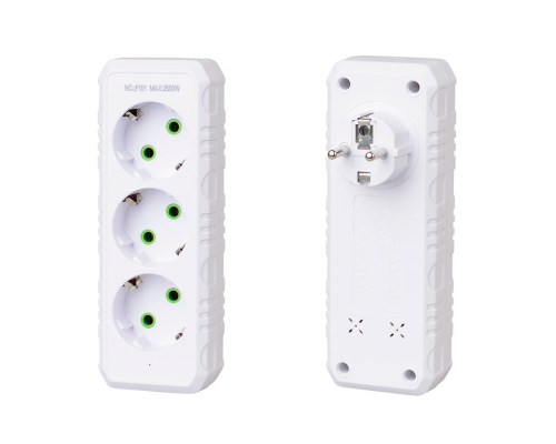 Розетка трійник із заземленням F101-White, 3 розетки, 2500W, 10A, 110-250V~Max, Blister