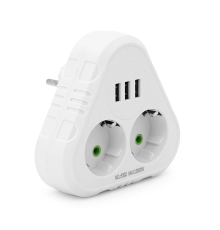 Розетка трійник із заземленням F202-White, 2 розетки+3USB(1А), 2500W, 10A, 110-250V~Max, Blister