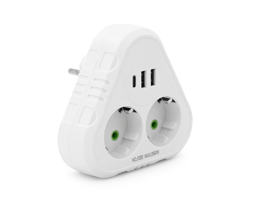 Розетка трійник із заземленням F203-White, 2 розетки+2USB+1Type-C, 2500W, 10A, 110-250V~Max, Blister Розетка трійник із заземленням F203-White, 2 розетки+2USB+1Type-C, 2500W, 10A, 110-250V~Max, Blister