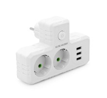 Розетка трійник Т-подібний із заземленням F302-White, 2 розетки+3USB(1А), 2500W, 10A, 110-250V~Max, Blister